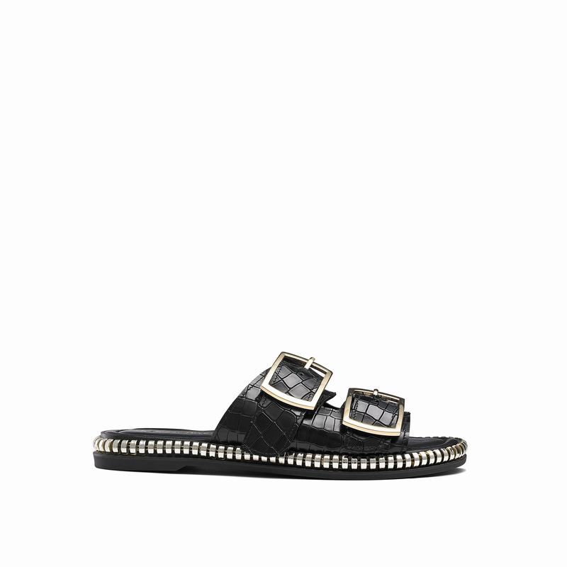 Russell & Bromley Gold Mine Double Buckle Sandals Women's Black [AQG692EV]